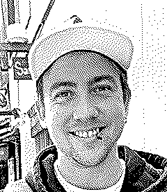 Joxtacy in a cap, smiling, dithered like a receipt print